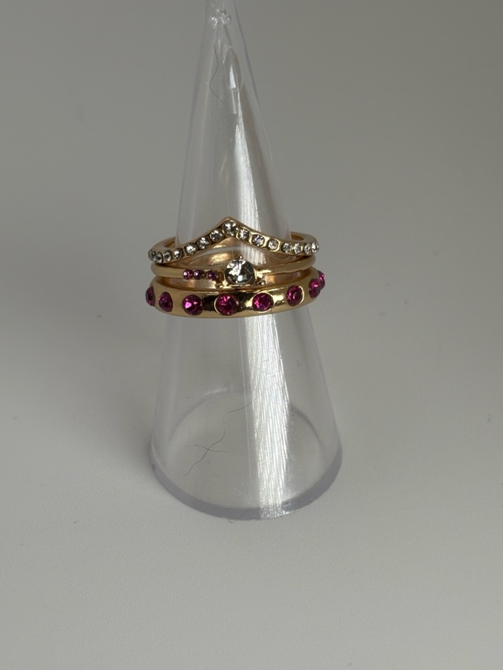 Gold Stacked Ring Set with Clear and Pink Stones
